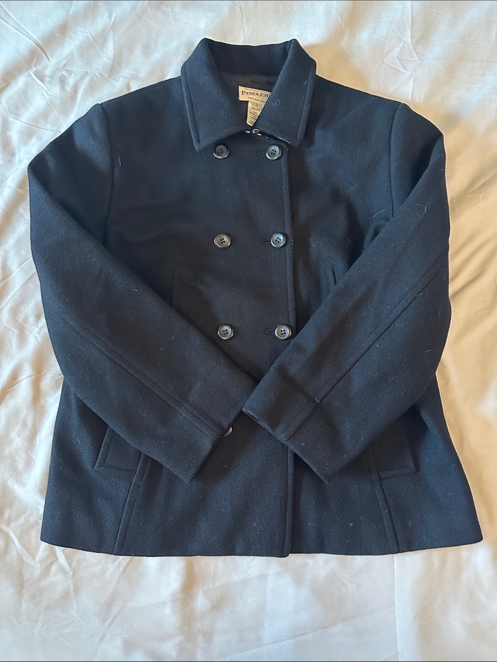 Pendleton Black Double-Breasted 100% Merino Wool Pea Coat